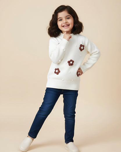 Flower Appliqued Textured Sweater