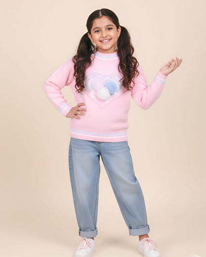 Heart Appliqué Full-Sleeve Pullover Sweater