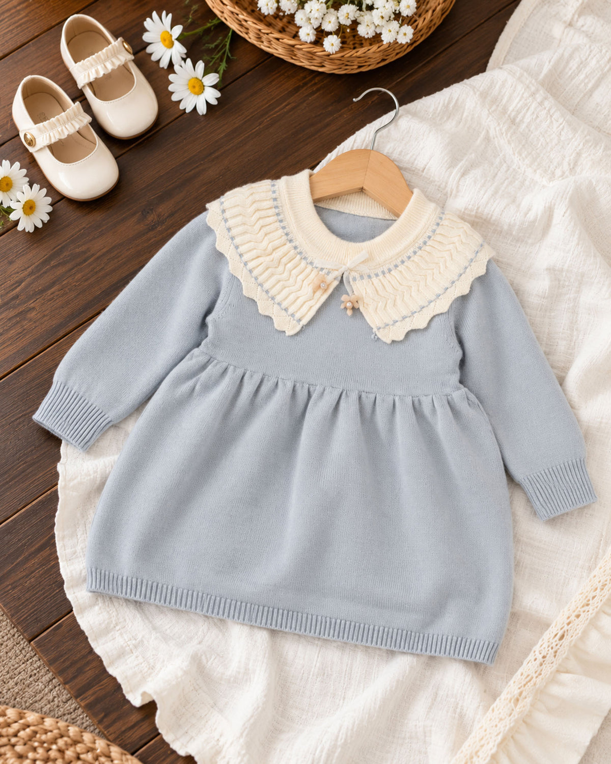 Peter Pan Textured Contrasting Collar Sweater Frock Dress
