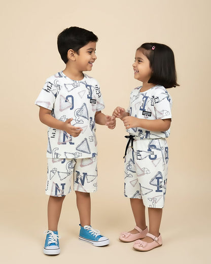 Letters Printed Check Textured T-Shirt & Shorts Co-ord Set