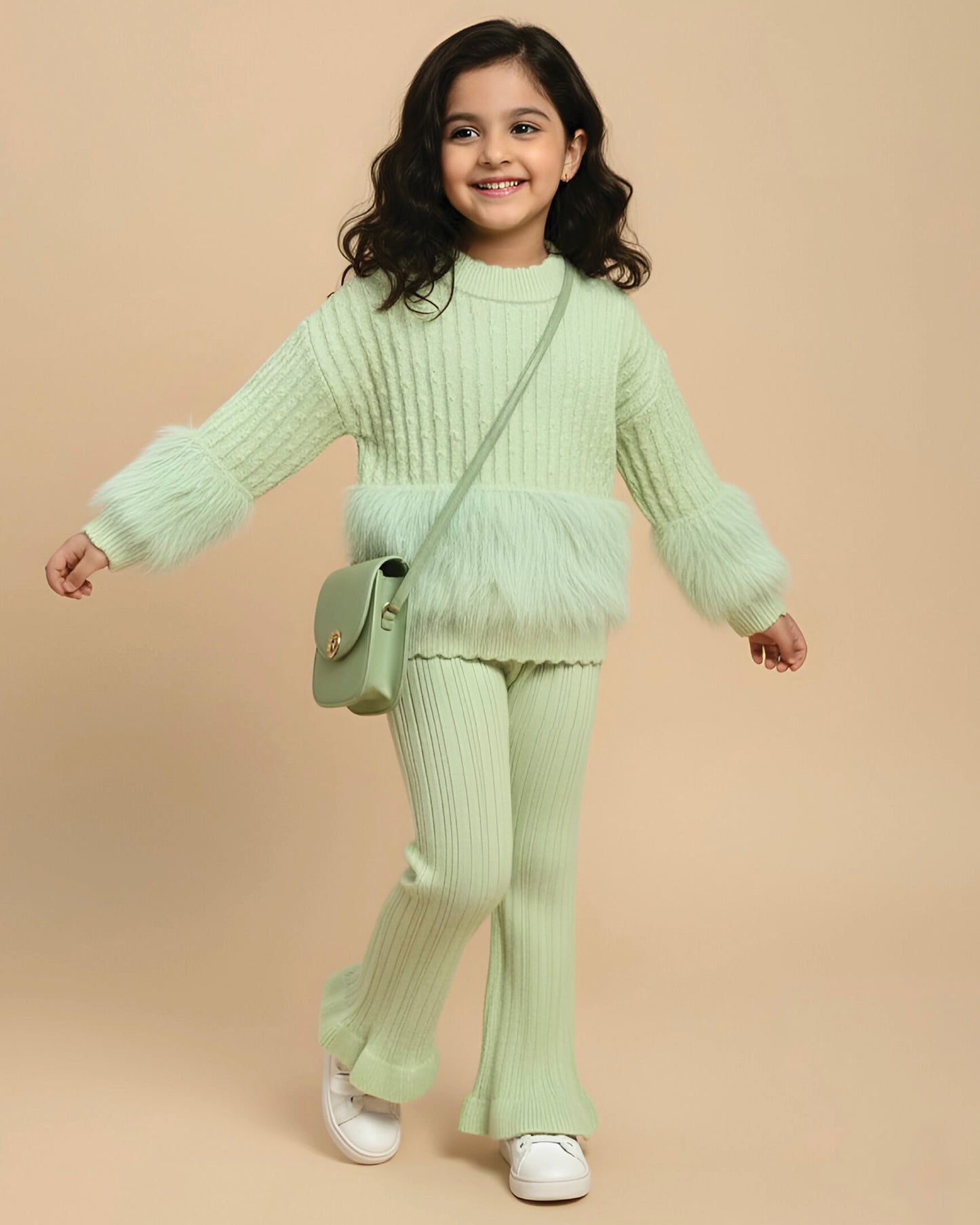 Knitted Textured Sweater Co-Ord Set With Fur Details