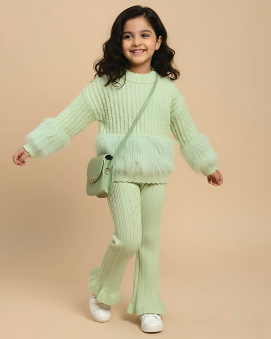 Knitted Textured Sweater Co-Ord Set With Fur Details
