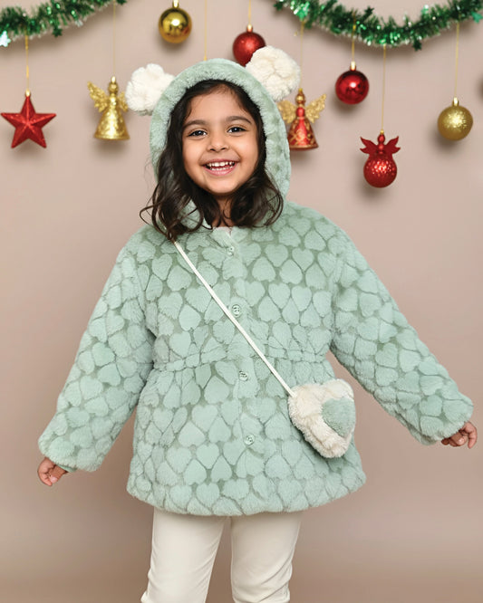 Textured Fur Full Sleeve Jacket With Sling Bag