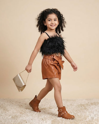 Fur Top & Faux Leather Shorts Co-ord Set