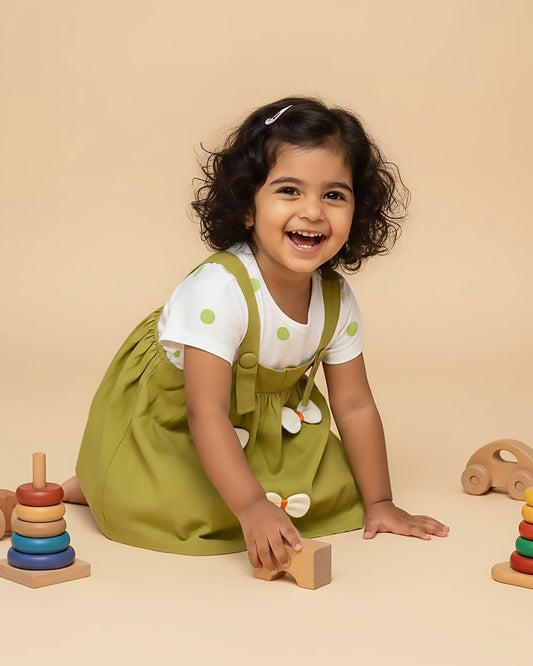 Polka Dotprint Bow Applique Casual Frock