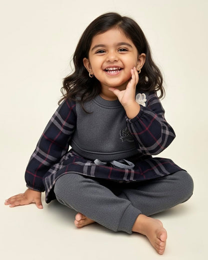 Vintage Check Fleeced Casual Dress Co-Ord Set