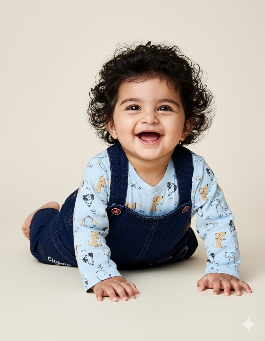 Printed T-Shirt With Denim Dungaree Romper & Applique Embroidery