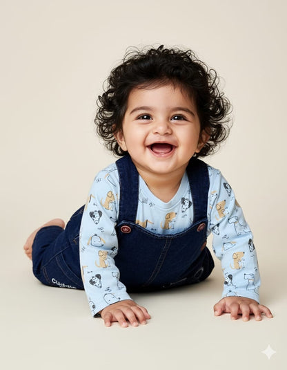 Printed T-Shirt With Denim Dungaree Romper & Applique Embroidery