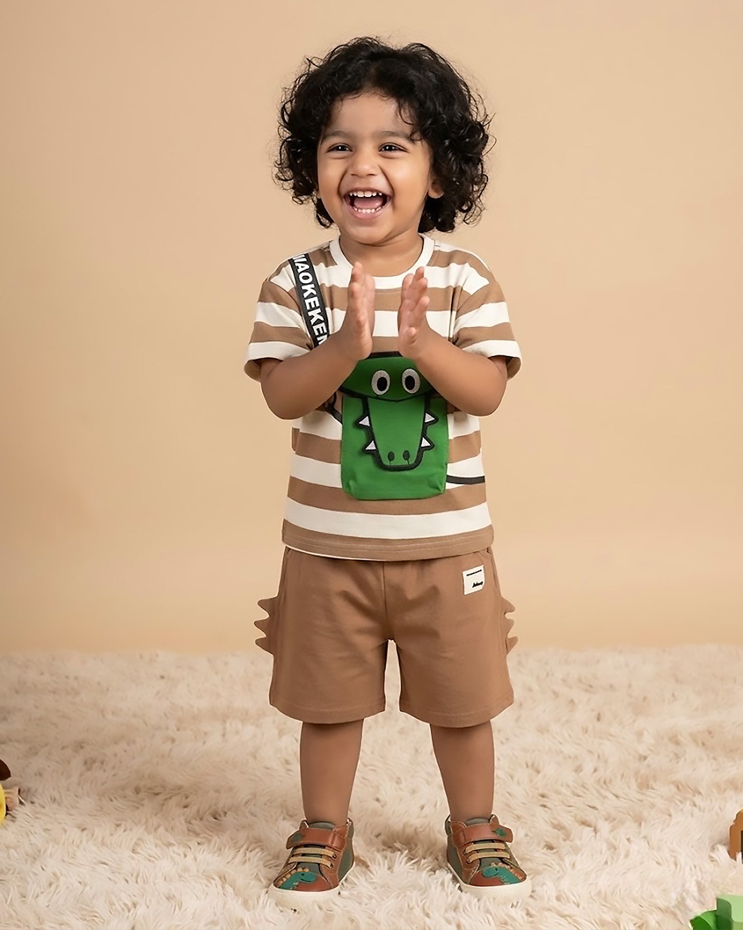 Stripe Textured Croco Face Appliquéd Co-ord Set