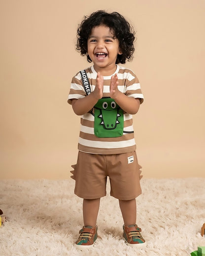 Stripe Textured Croco Face Appliquéd Co-ord Set