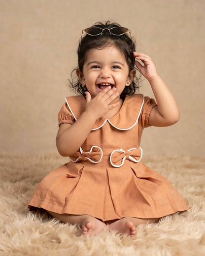 Peter Pan Collar Casual Linen Dress with Bow Detail