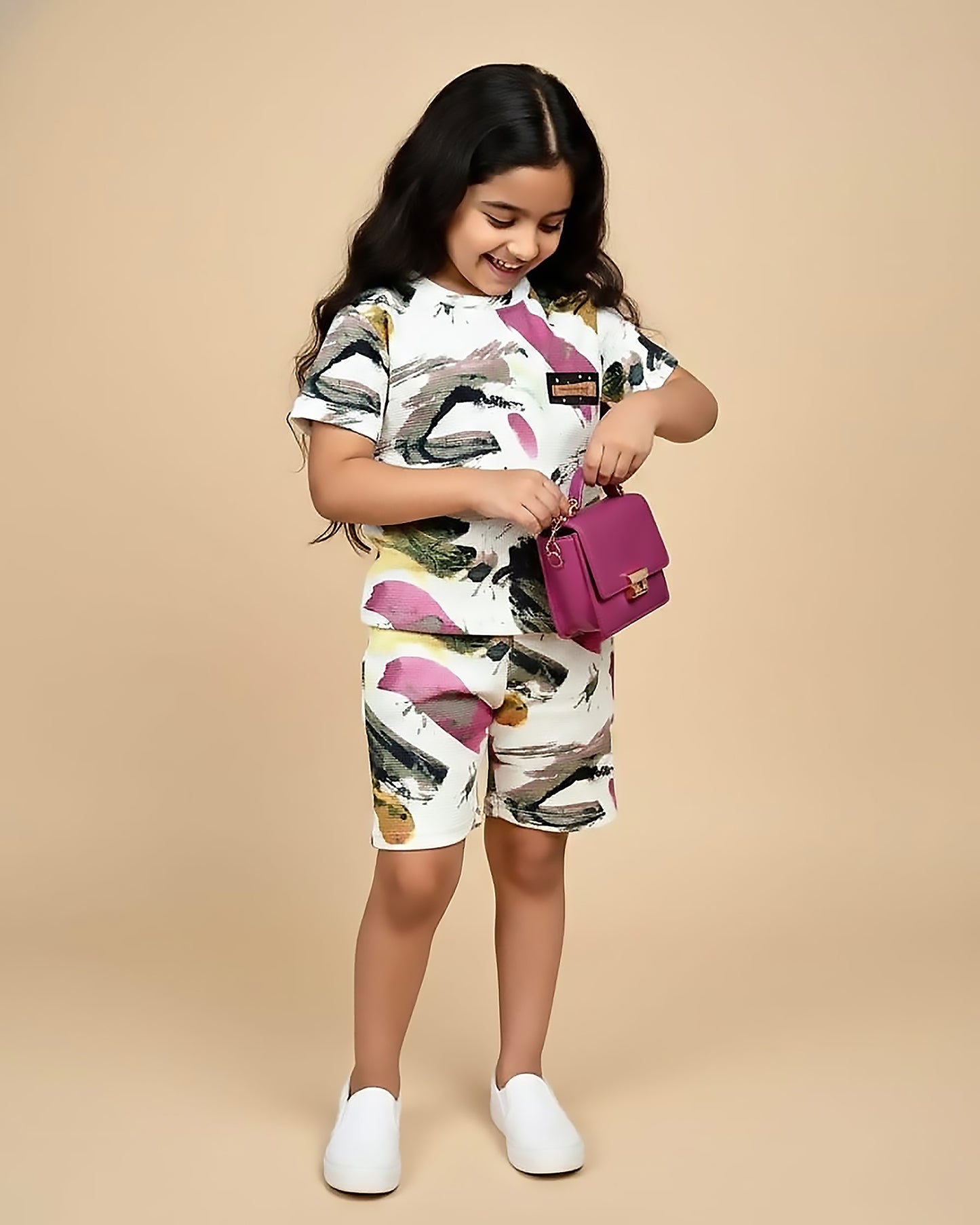 Color Art Check Textured T-Shirt & Shorts Co-ord Set