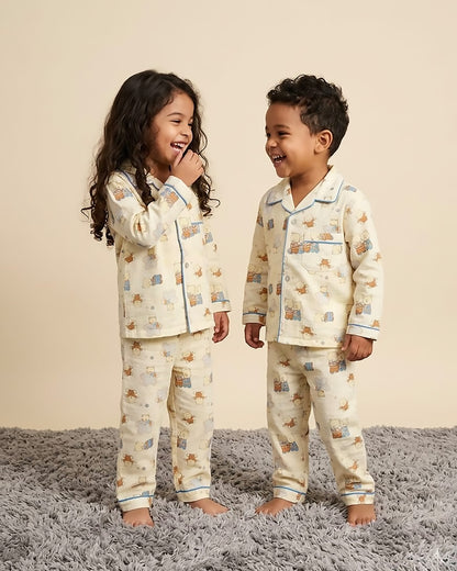 Bear Family Printed Crinkled Muslin Night Suit