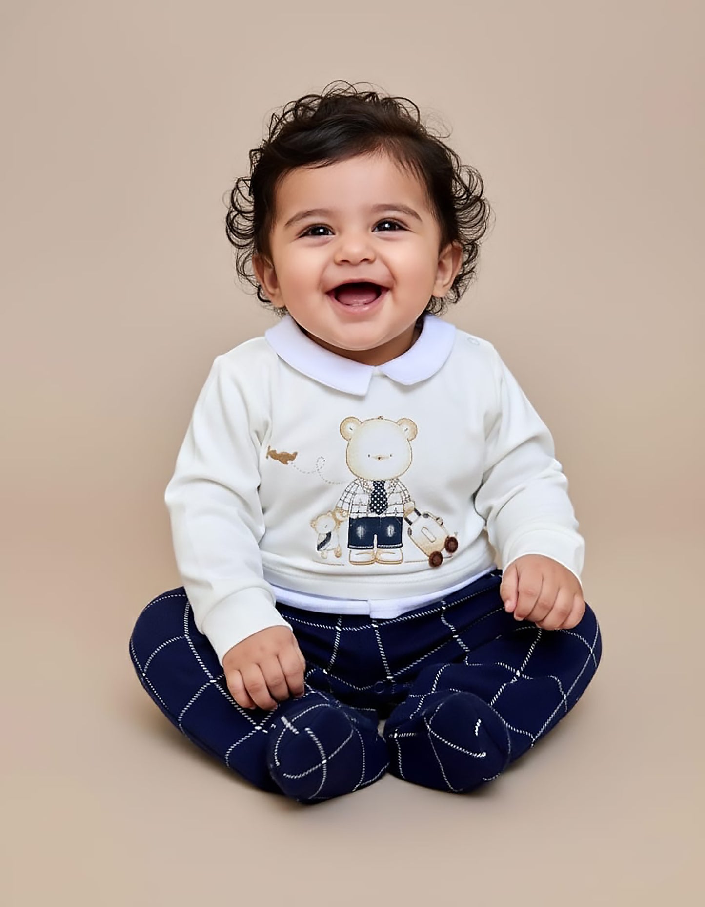 Travel Bear Printed Full Body Knitted Romper With Feet Mittens