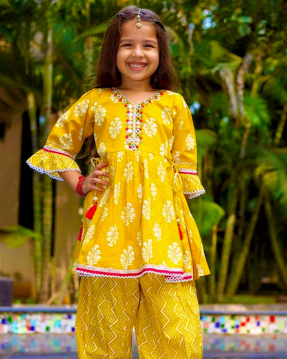 Traditional Printed Dhoti Salwae 2 Pec Set - Mustard