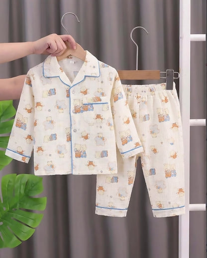 Bear Family Printed Crinkled Muslin Night Suit