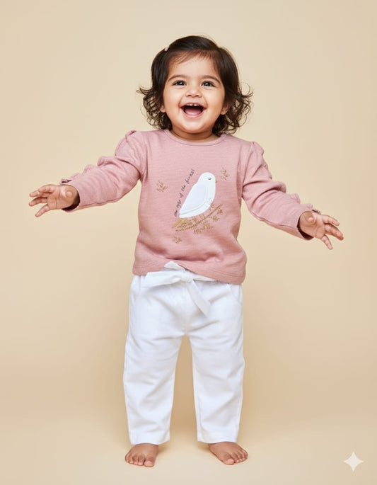 Frill Top With Applique Embroidery & Pants