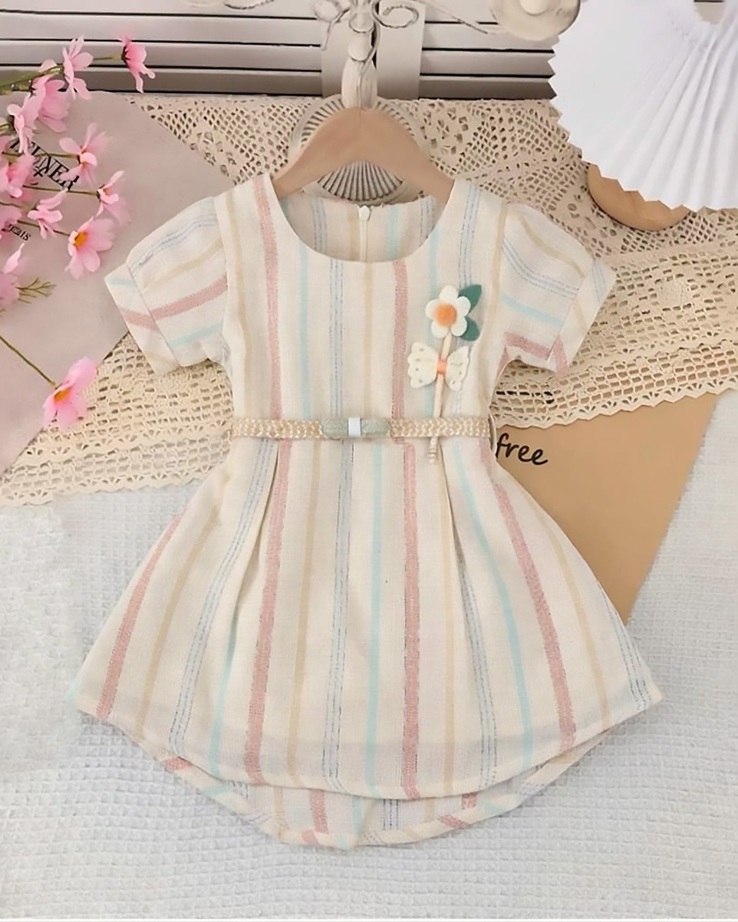 Raw Cotton Frock With Flower Broach & Belt Details