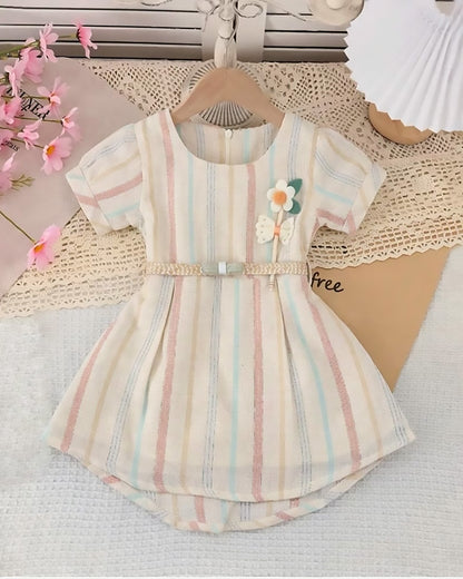 Raw Cotton Frock With Flower Broach & Belt Details