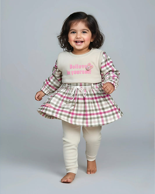 Belive Printed Check Casual Dress With Fleece Jogger & Drawstring Belt