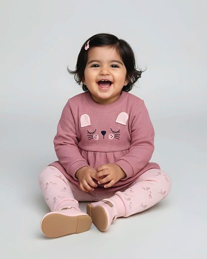 Waffle Textured Cat Face Full Sleeve Co-Ord Set