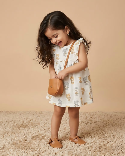 Happy Bear Printed Cotton Frock with Bloomers
