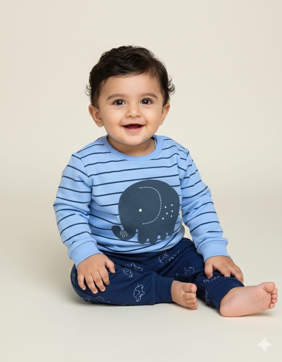 Fleeced Baby Elle Boucle Embroidery & Elephant Print Co-Ord Set