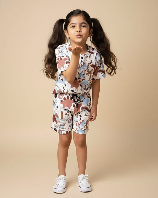 Dino Toon Print T-Shirt & Shorts Co-Ord Set