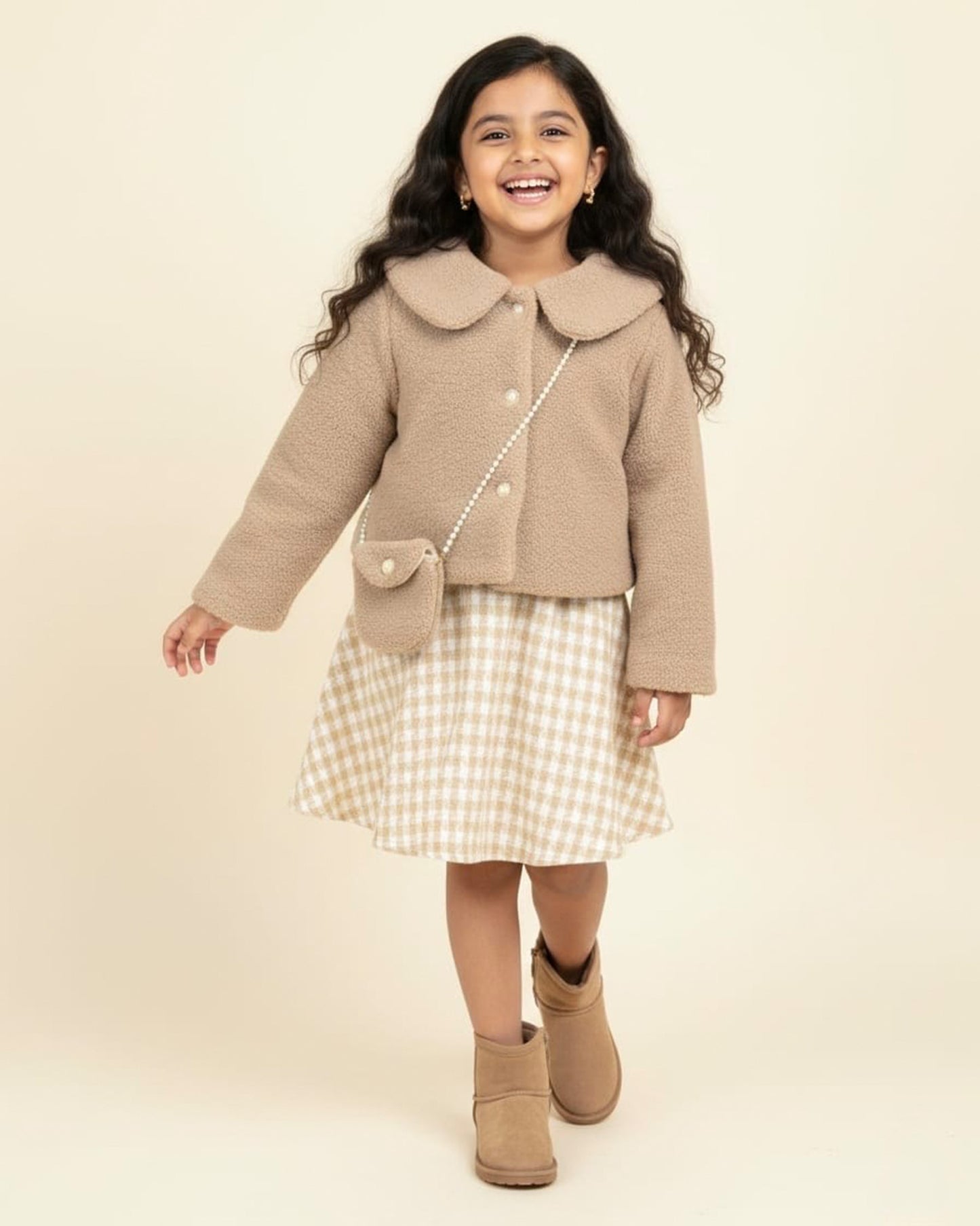 Dual Toned Houndstooth Fleeced Frock with Jacket