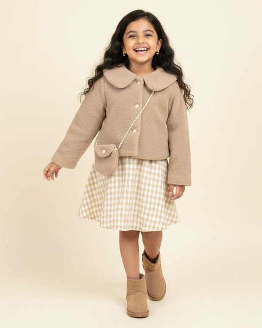 Dual Toned Houndstooth Fleeced Frock with Jacket