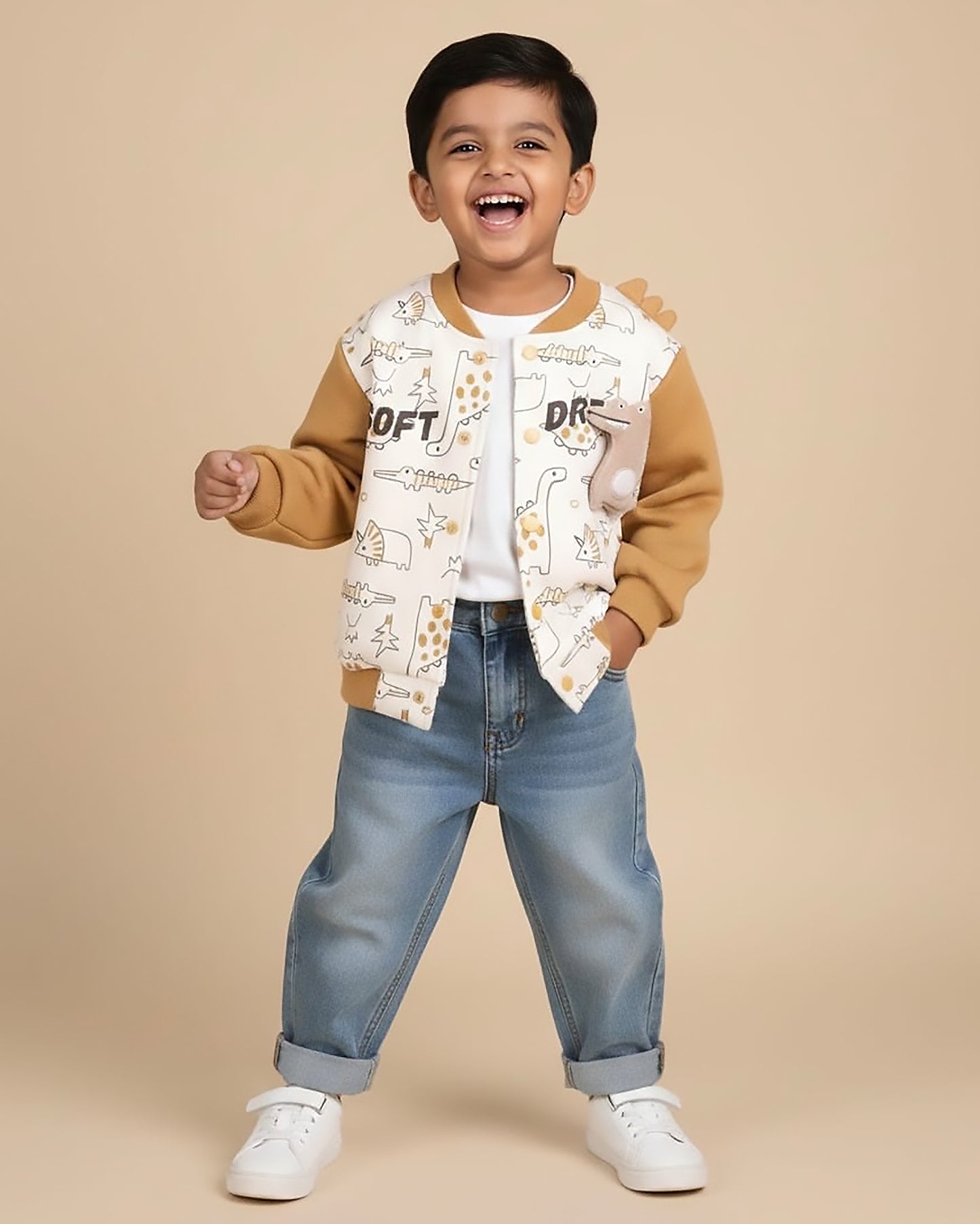 Dino Graffiti Printed Appliqued Baseball Jacket