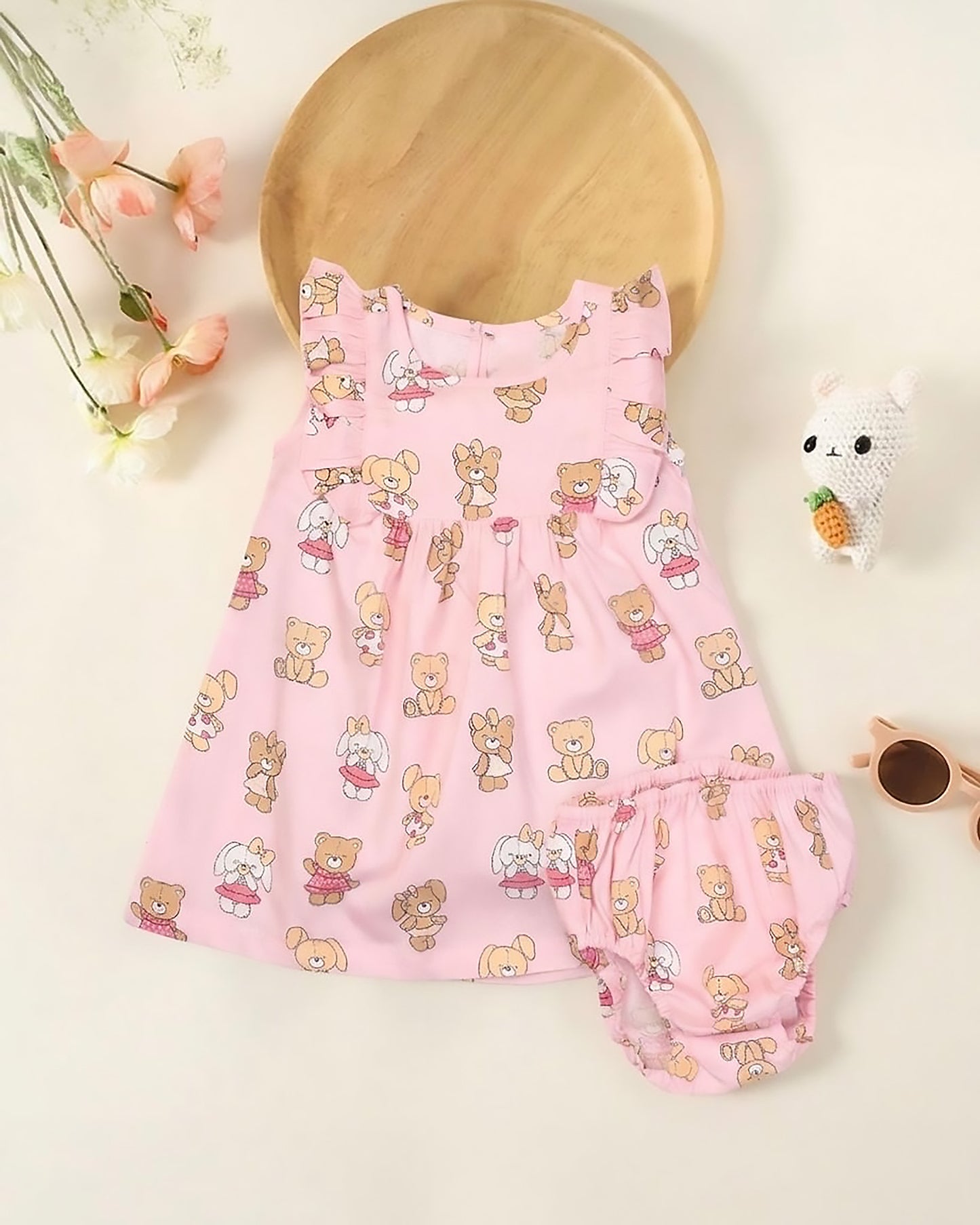 Happy Bear Printed Cotton Frock with Bloomers