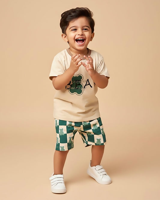 Bear Printed T-Shirt & Shorts Co-Ord Set