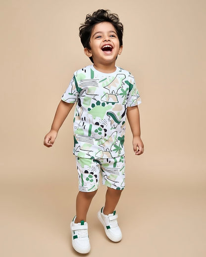 Dino Toon Print T-Shirt & Shorts Co-Ord Set