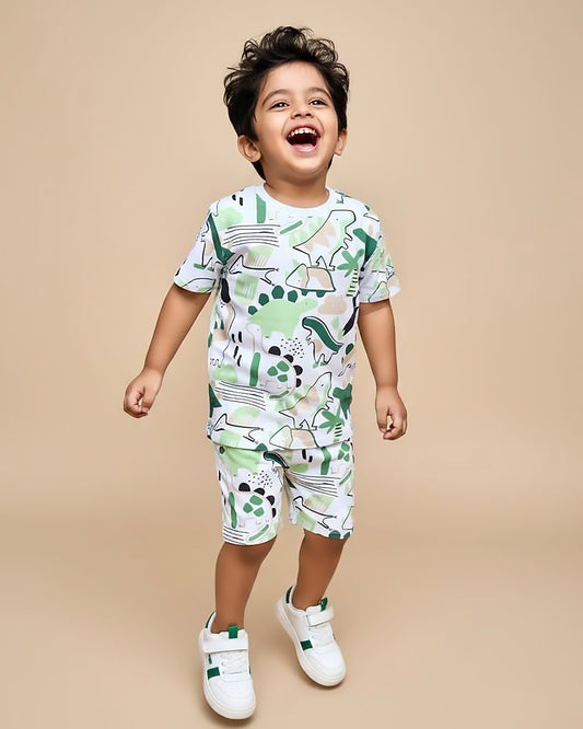 Dino Toon Print T-Shirt & Shorts Co-Ord Set