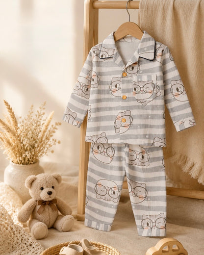 Cute Kitten Printed Muslin Night Suit