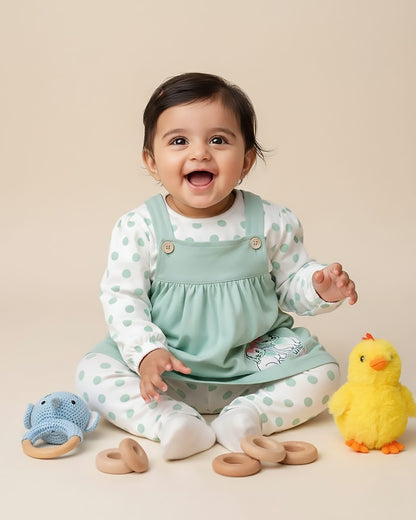 Knitted Frock with Applique Embroidery & Polka Dot Print