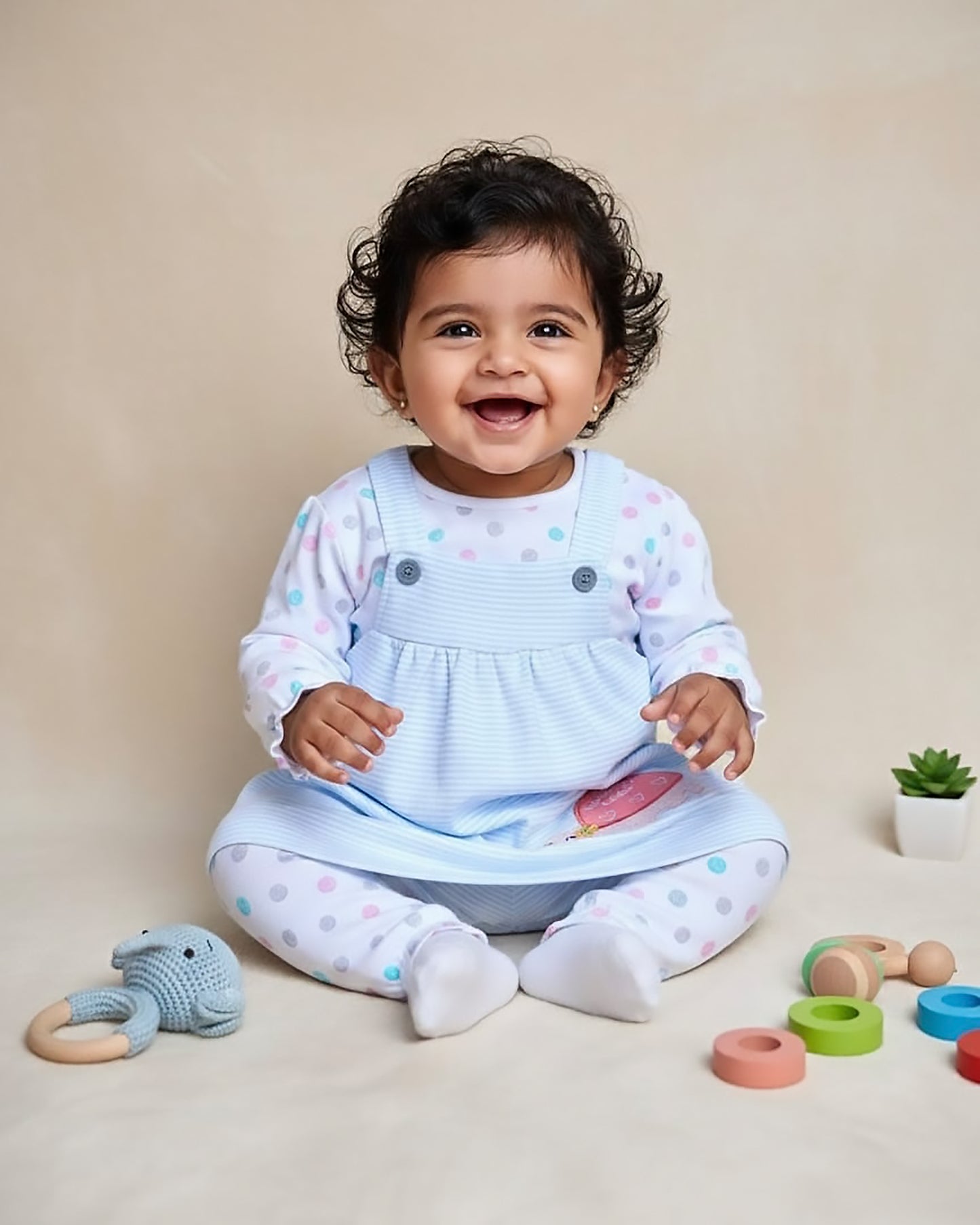 Knitted Frock with Applique Embroidery & Small Polka Dot Print