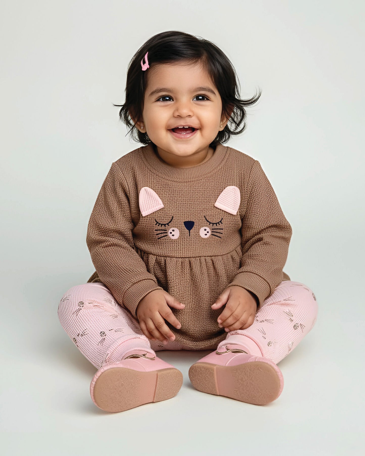 Waffle Textured Cat Face Full Sleeve Co-Ord Set