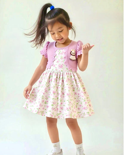 Young girl wearing a pink floral dress with a white background
