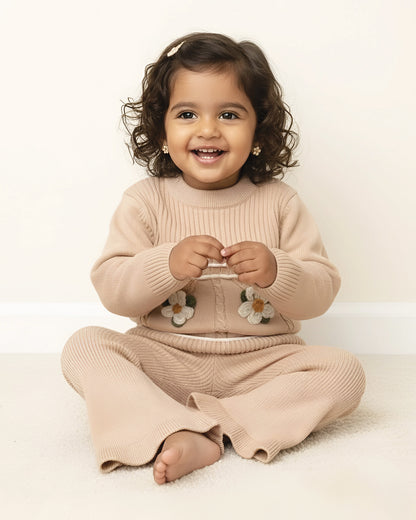 Flower Appliqued Knitted Sweater Co-Ord Set