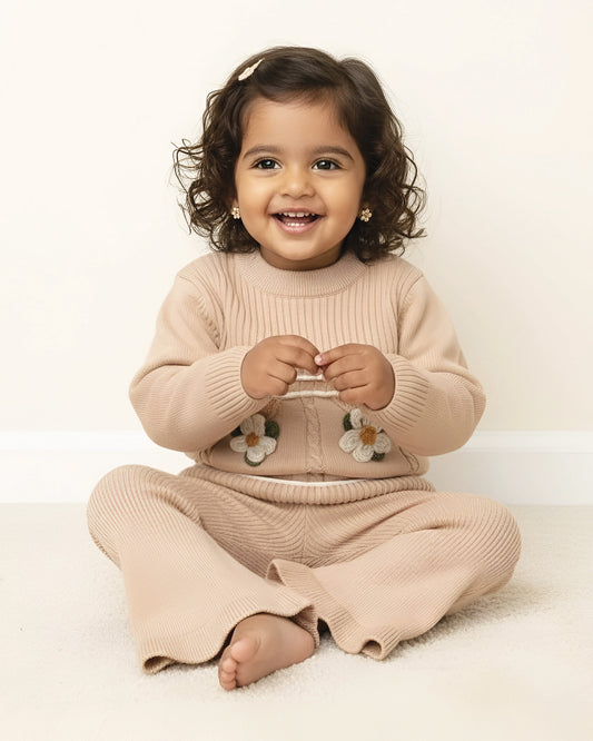 Flower Appliqued Knitted Sweater Co-Ord Set