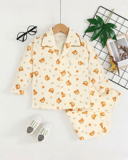Orange Bear Printed Crinkled Muslin Night Suit